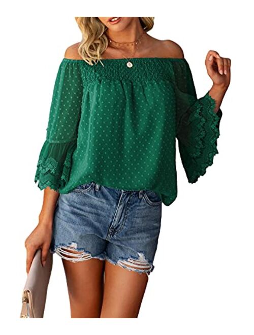 Women’s Summer Off Shoulder Tops Ruffle 3/4 Bell Sleeve Swiss Dot Casual Shirts Blouse