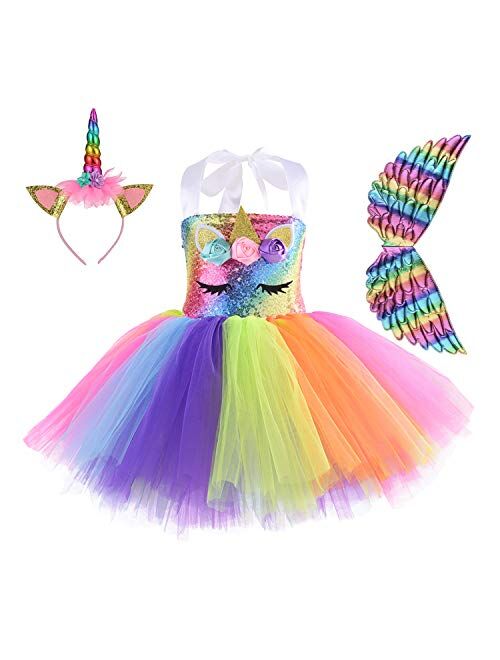 Unicorn Costume for Girls Rainbow Tutu Dress Up with Headband and Wing Outfit for Little Girls Brithday, 4T 6T 8T