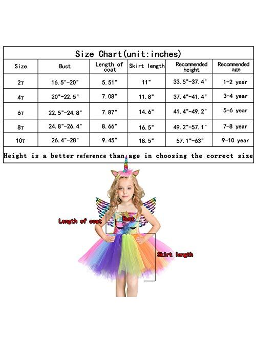 Unicorn Costume for Girls Rainbow Tutu Dress Up with Headband and Wing Outfit for Little Girls Brithday, 4T 6T 8T