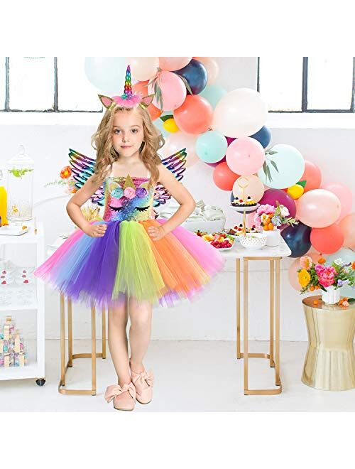 Unicorn Costume for Girls Rainbow Tutu Dress Up with Headband and Wing Outfit for Little Girls Brithday, 4T 6T 8T