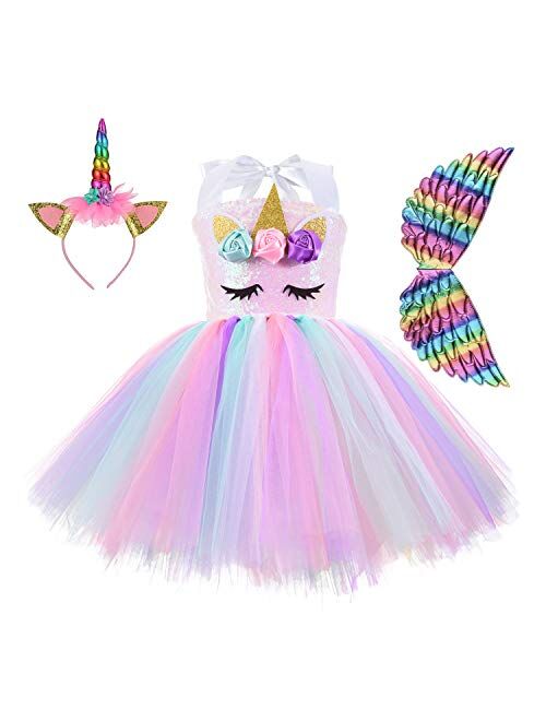 Unicorn Costume for Girls Rainbow Tutu Dress Up with Headband and Wing Outfit for Little Girls Brithday, 4T 6T 8T