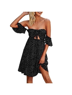 Giveyo Women's Ladies Loose Polka Dot Print Off Shoulder Ruffle Drawstring Mini Dress