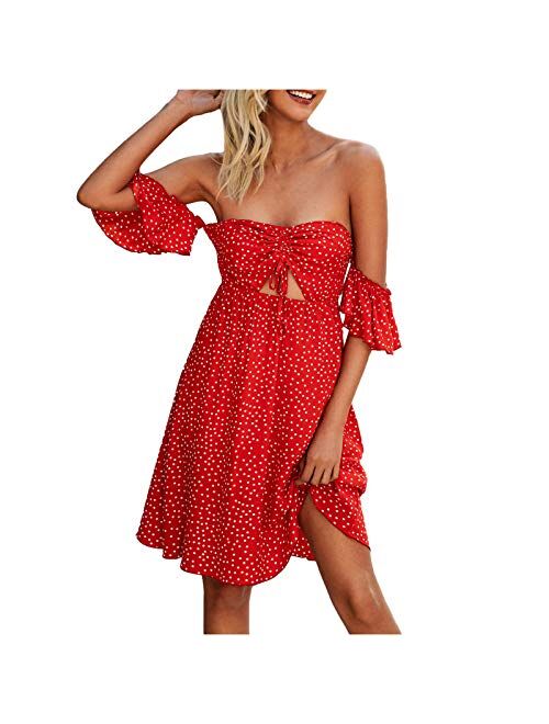 Giveyo Women's Ladies Loose Polka Dot Print Off Shoulder Ruffle Drawstring Mini Dress