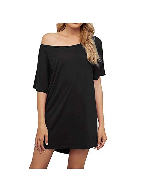 Women's Off Shoulder Tshirt Dress, Plus Size Top, Nightshirt, Cover Up, Short Sleeve High Low Loose Soft