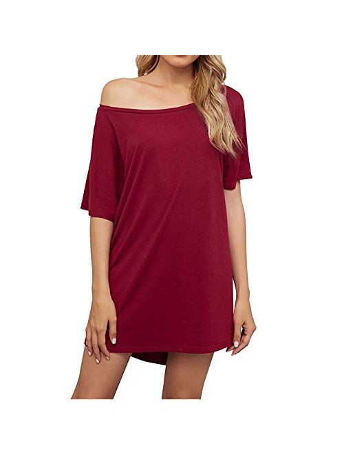 Women's Off Shoulder Tshirt Dress, Plus Size Top, Nightshirt, Cover Up, Short Sleeve High Low Loose Soft