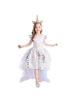 HNXDYY Girl Unicorn Party Princess Dress Rainbow Tulle Long Wedding Gown Birthday Kids Clothes