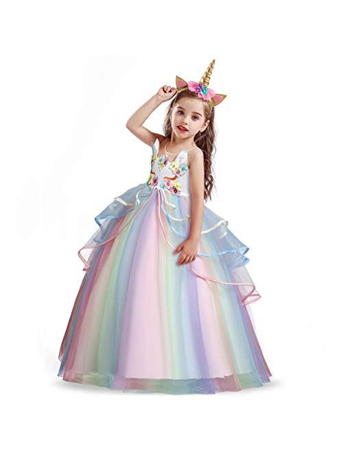 HNXDYY Girl Unicorn Party Princess Dress Rainbow Tulle Long Wedding Gown Birthday Kids Clothes