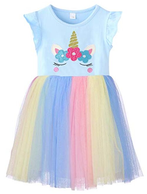 Fiream Unicorn Girls Dresses Rainbow Tutu Tulle Casual Dress