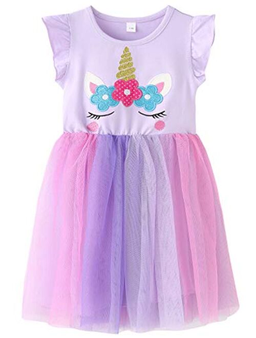 Fiream Unicorn Girls Dresses Rainbow Tutu Tulle Casual Dress