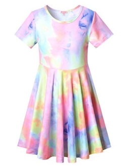 Girls Unicorn Dresses Summer Swing Short Sleeve Casual Clothes for Little Kids