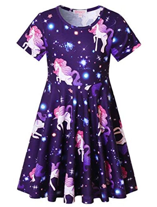 Girls Unicorn Dresses Summer Swing Short Sleeve Casual Clothes for Little Kids