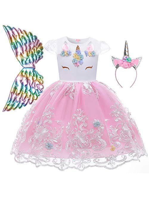 QPANCY Girls Unicorn Dresses Princess Pageant Outfits Matching Headband&Wing