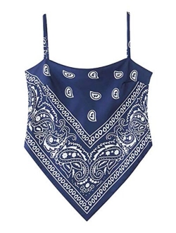 Arjungo Women's Paisley Print Tie Back French Knot Hanky Hem Spaghetti Straps Handkerchief Cami Bandana Tube Crop Top