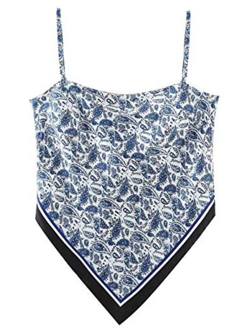 Arjungo Women's Paisley Print Tie Back French Knot Hanky Hem Spaghetti Straps Handkerchief Cami Bandana Tube Crop Top