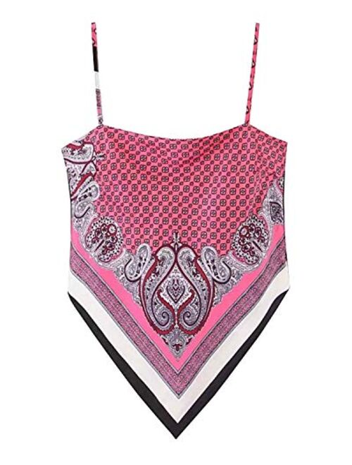 Arjungo Women's Paisley Print Tie Back French Knot Hanky Hem Spaghetti Straps Handkerchief Cami Bandana Tube Crop Top