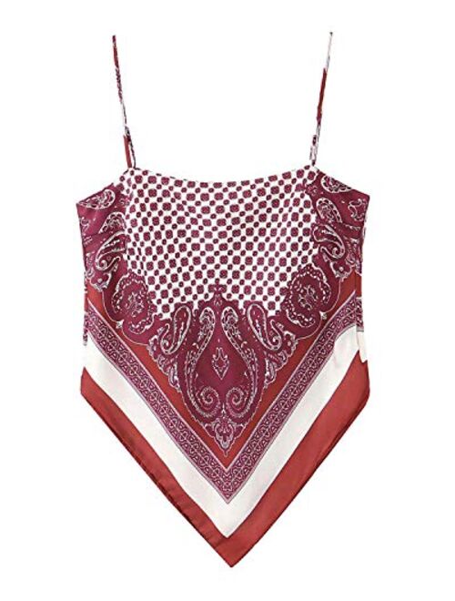 Arjungo Women's Paisley Print Tie Back French Knot Hanky Hem Spaghetti Straps Handkerchief Cami Bandana Tube Crop Top