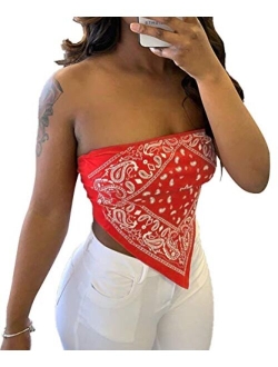 Sexy Crop Tops for Women Paisley Party Club Cothes Strapless Stretchy Bandeau Tube Tops Smocked Bandana Top