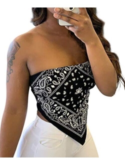 Sexy Crop Tops for Women Paisley Party Club Cothes Strapless Stretchy Bandeau Tube Tops Smocked Bandana Top