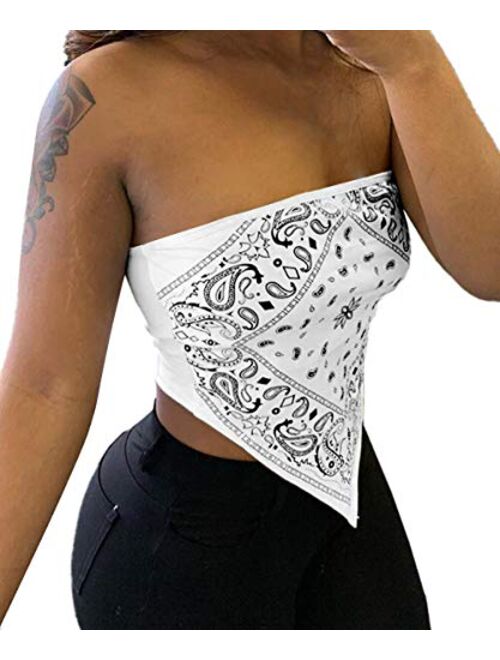 Sexy Crop Tops for Women Paisley Party Club Cothes Strapless Stretchy Bandeau Tube Tops Smocked Bandana Top