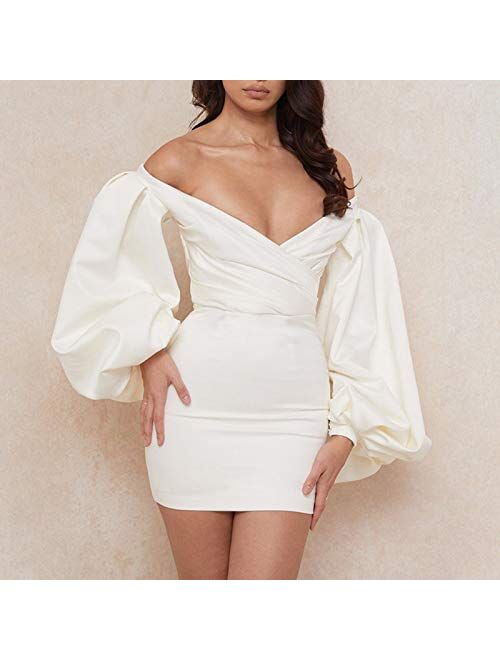 aliveGOT Women‘s Elegant Puff Sleeve Cocktail Dresses Backless Ruched Bodycon Party Evening Dress