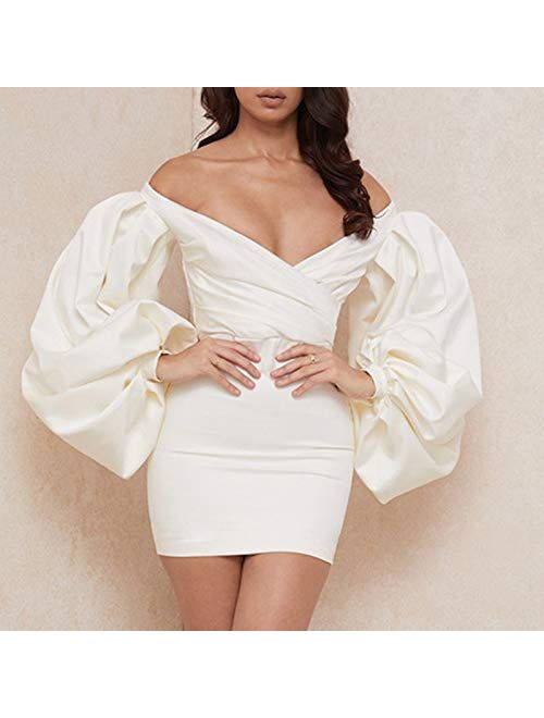 aliveGOT Women‘s Elegant Puff Sleeve Cocktail Dresses Backless Ruched Bodycon Party Evening Dress