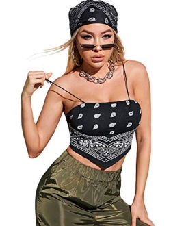 Women's Stretch Paisley Print Spaghetti Strap Tube Crop Cami Top