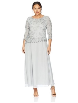 Plus Size Womens Sheer Sleeve Floral Beaded Long Dress