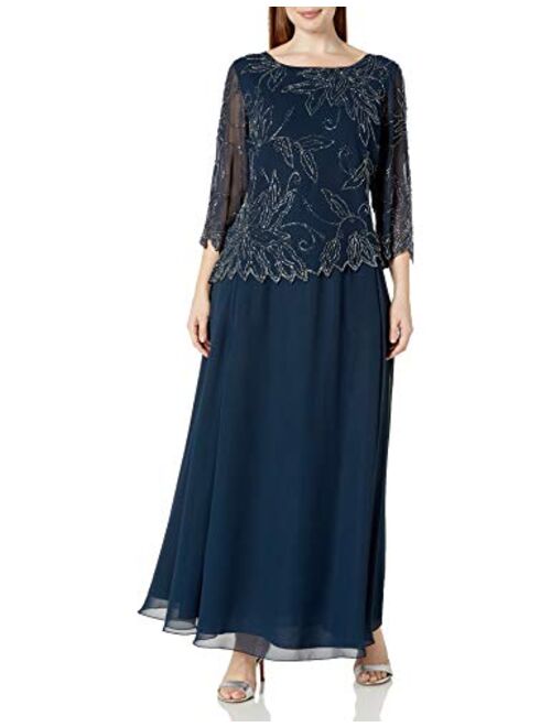 J Kara Plus Size Womens Sheer Sleeve Floral Beaded Long Dress