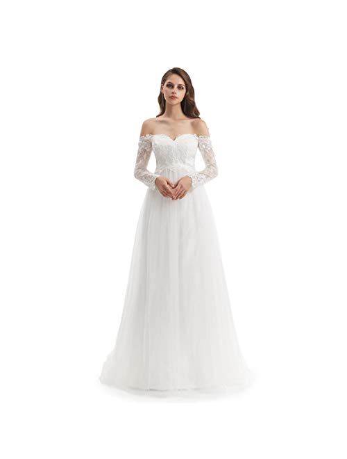 Lazacos Women's Long Sleeve Off Shoulder Beach Button A Line Tulle Wedding Dress