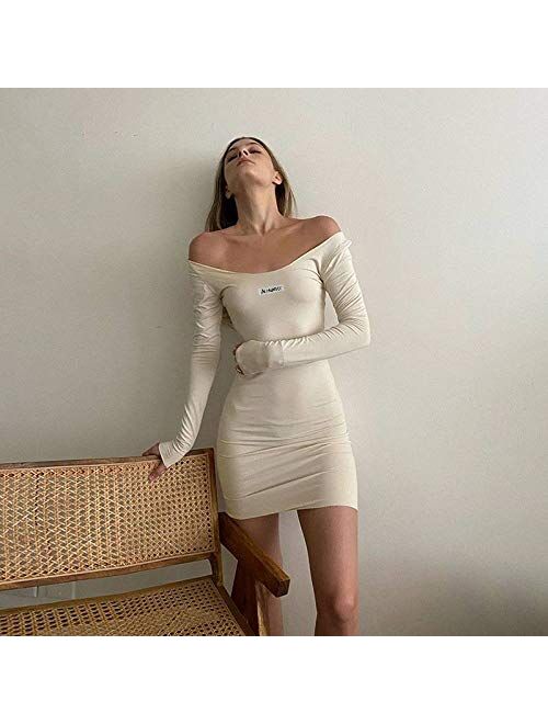 Dress for Women,Sexy Letter Print Off-Shoulder Backless Dress Women Bodycon Long Sleeve Mini Dress Skinny Streetwear for Lady Fashion Dress