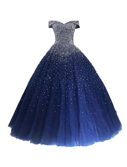 Dydsz Women's Heavy Beaded Evening Dresses with Sleeves Quinceanera Party Ball Gown