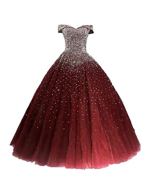 Dydsz Women's Heavy Beaded Evening Dresses with Sleeves Quinceanera Party Ball Gown