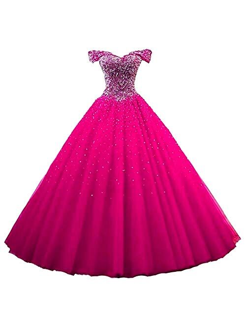 Dydsz Women's Heavy Beaded Evening Dresses with Sleeves Quinceanera Party Ball Gown