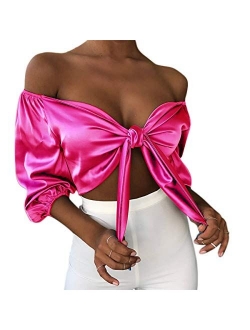 Women Satin Silk Off Shoulder Crop Top Cropped Half Sleeve Bow Tie Tee Shirt Blouse for Cocktail Party Clubwear