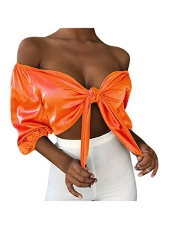 Women Satin Silk Off Shoulder Crop Top Cropped Half Sleeve Bow Tie Tee Shirt Blouse for Cocktail Party Clubwear