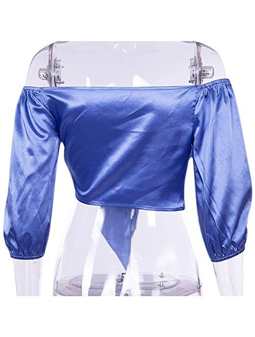 Women Satin Silk Off Shoulder Crop Top Cropped Half Sleeve Bow Tie Tee Shirt Blouse for Cocktail Party Clubwear