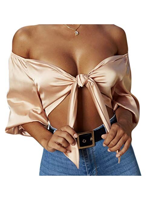 Women Satin Silk Off Shoulder Crop Top Cropped Half Sleeve Bow Tie Tee Shirt Blouse for Cocktail Party Clubwear