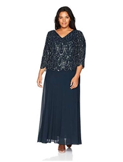 Women's Plus Size 3/4 Sleeve with Scallop Beaded Pop Over Gown