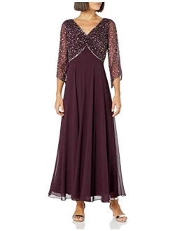 Women's Petite 3/4 Sleeve V-Neck Beaded Top Long Gown