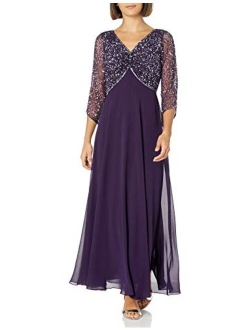 Women's Petite 3/4 Sleeve V-Neck Beaded Top Long Gown