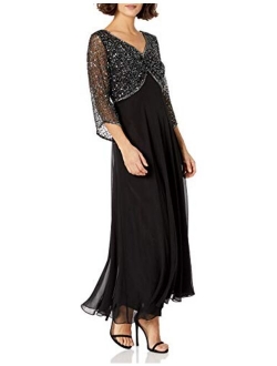 Women's Petite 3/4 Sleeve V-Neck Beaded Top Long Gown