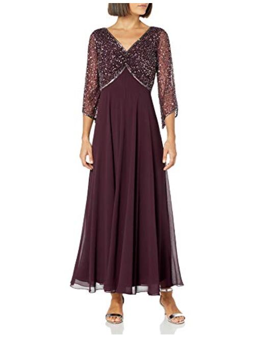 J Kara Women's Petite 3/4 Sleeve V-Neck Beaded Top Long Gown