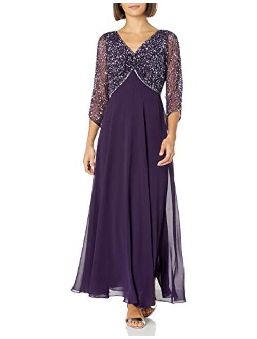 J Kara Women's Petite 3/4 Sleeve V-Neck Beaded Top Long Gown