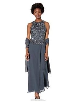 Women's Petite Sleeveless Beaded Pop Over Dress with Scarf