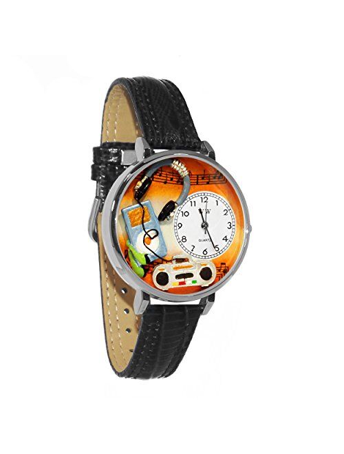 Music Lover Black Leather and Silvertone Watch #WG-U0510016