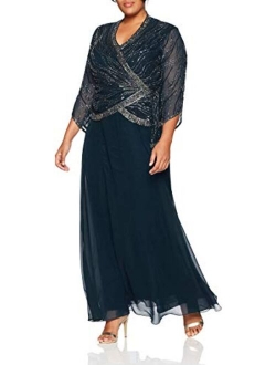 Women's Long 3/4 Sleeve V-Neck Beaded Faux Wrap Dress