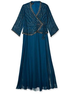 Women's Long 3/4 Sleeve V-Neck Beaded Faux Wrap Dress