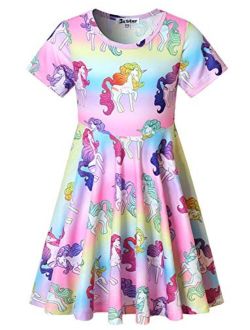 Unicorn Dresses for Girls Summer Swing Short Sleeve Casual Clothes for Kids