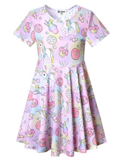 Unicorn Dresses for Girls Summer Swing Short Sleeve Casual Clothes for Kids