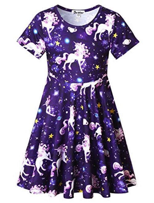 Jxstar Unicorn Dresses for Girls Summer Swing Short Sleeve Casual Clothes for Kids